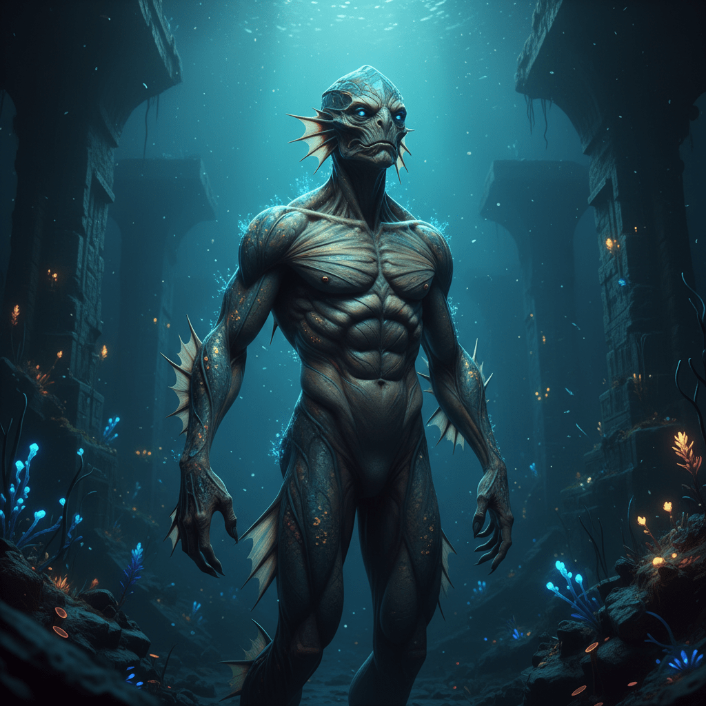 Representación realista de una criatura marina ancestral inspirada en el mito de Oannes y la evolución del simio acuático en las profundidades del océano.