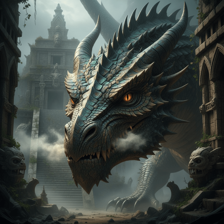 Primer plano fotorrealista de un dragón ancestral entre ruinas antiguas representando el mito universal de la escama.