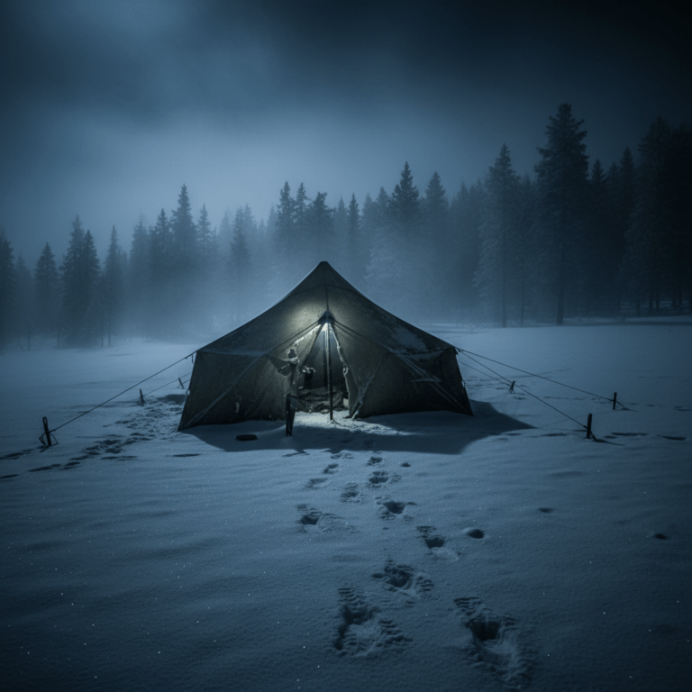 Tienda de campaña rasgada desde el interior en la nieve de los Montes Urales, misterio del Paso Dyatlov.