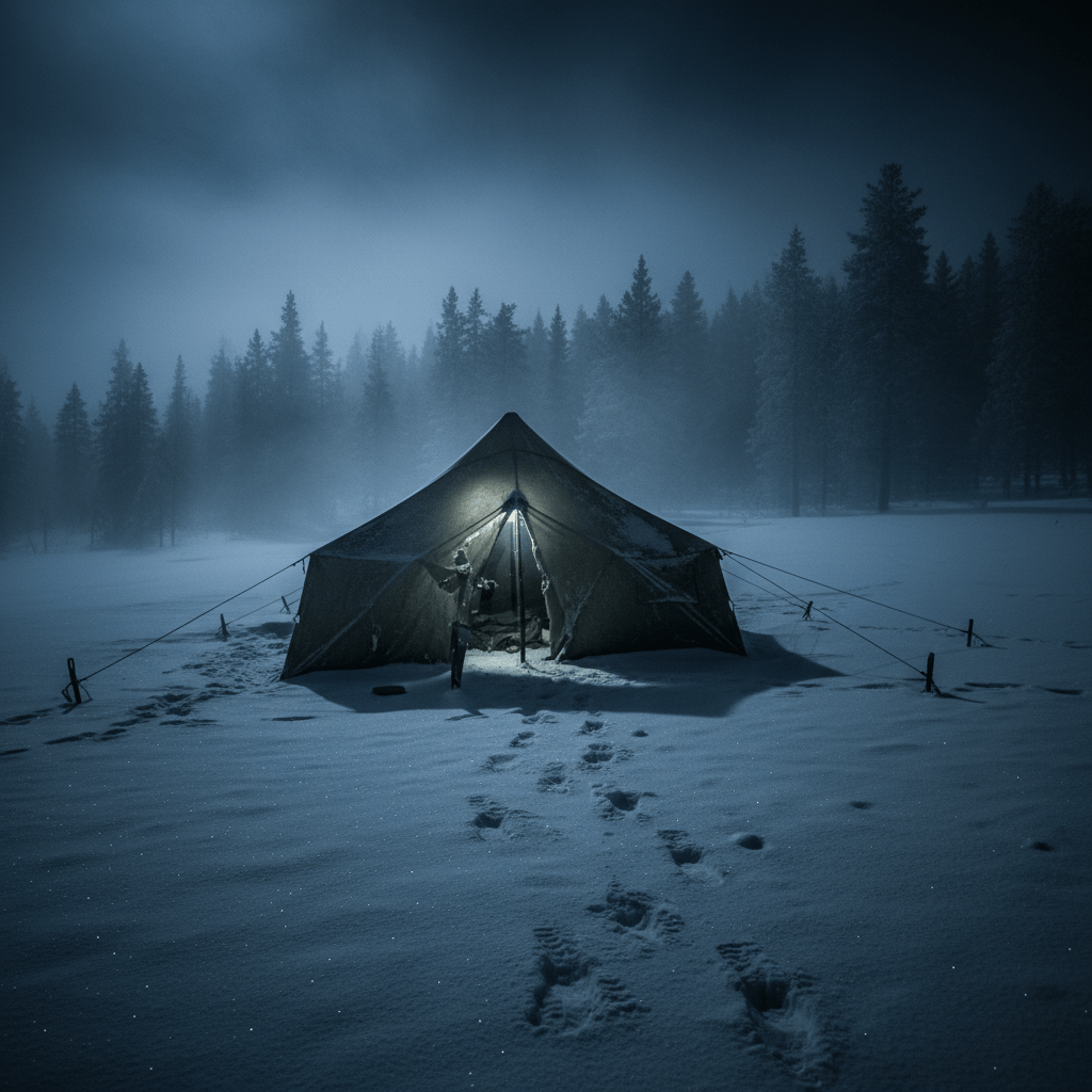 Tienda de campaña rasgada desde el interior en la nieve de los Montes Urales, misterio del Paso Dyatlov.