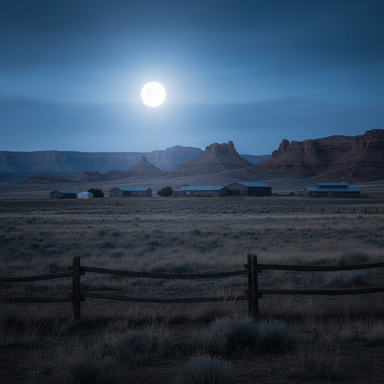 Paisaje del Rancho Skinwalker en el valle de Uintah con un orbe de luz misterioso sobre el campo al atardecer.