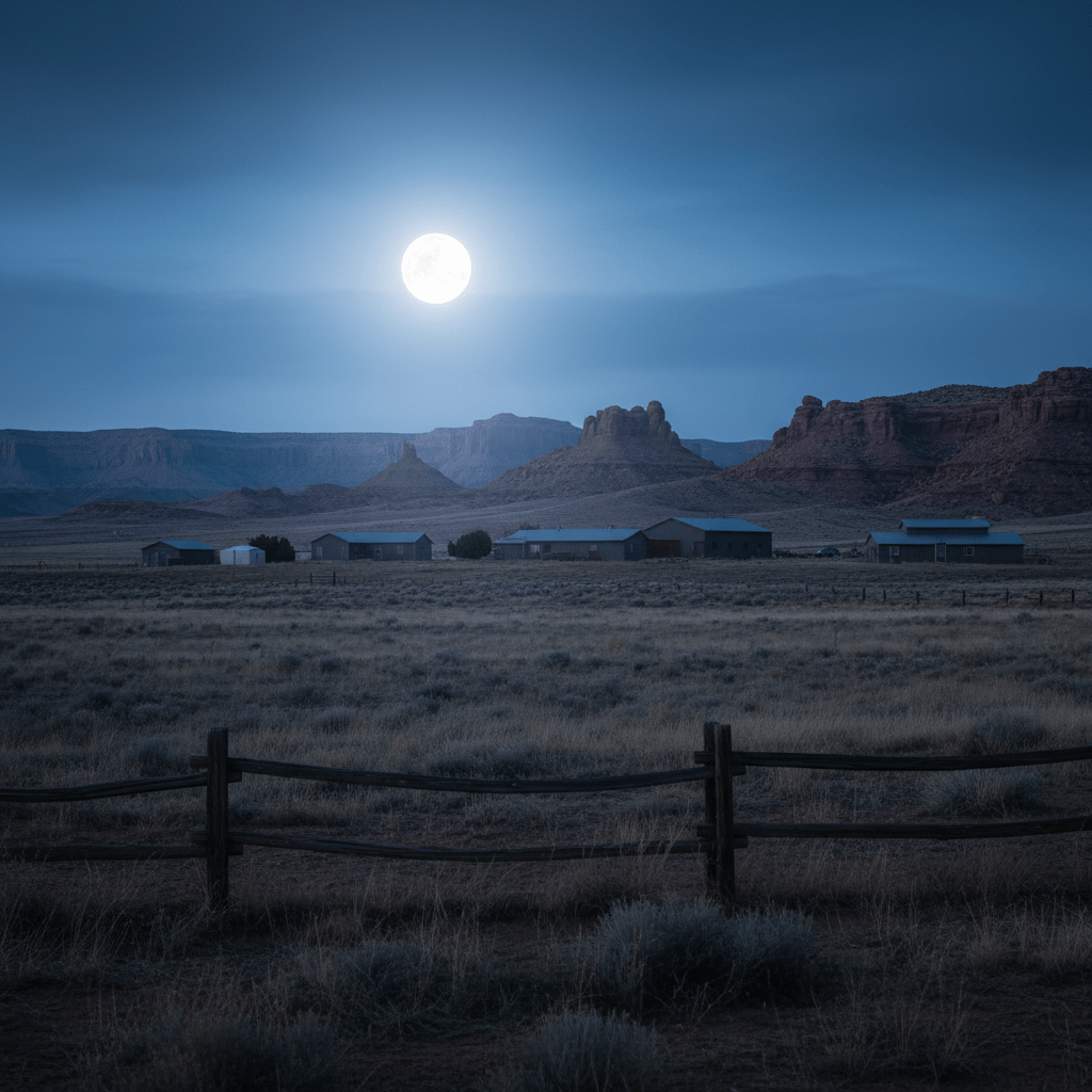 Paisaje del Rancho Skinwalker en el valle de Uintah con un orbe de luz misterioso sobre el campo al atardecer.