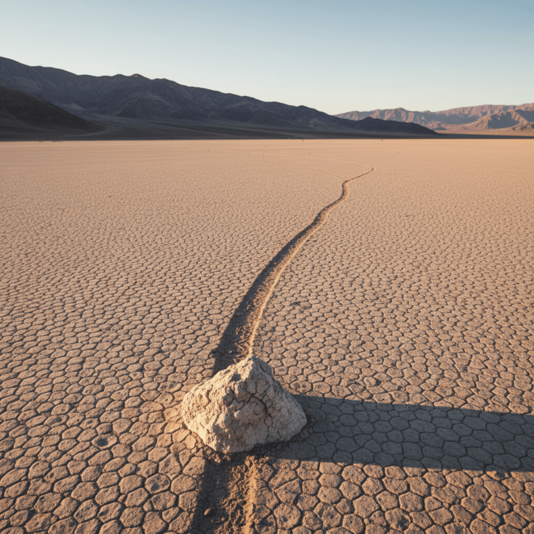 Rocas navegantes dejando estelas en el suelo agrietado de Racetrack Playa, Valle de la Muerte.