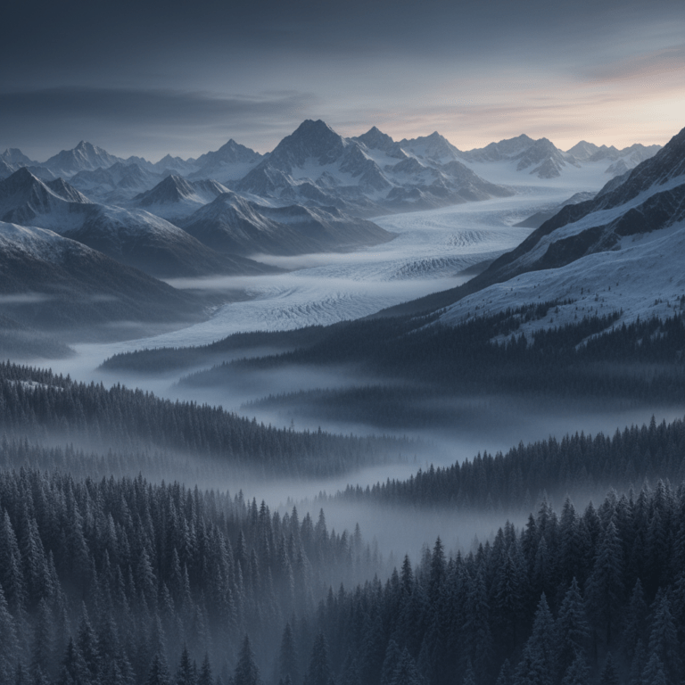 Paisaje aéreo de bosques nevados y glaciares con niebla densa en el misterioso Triángulo de Alaska.