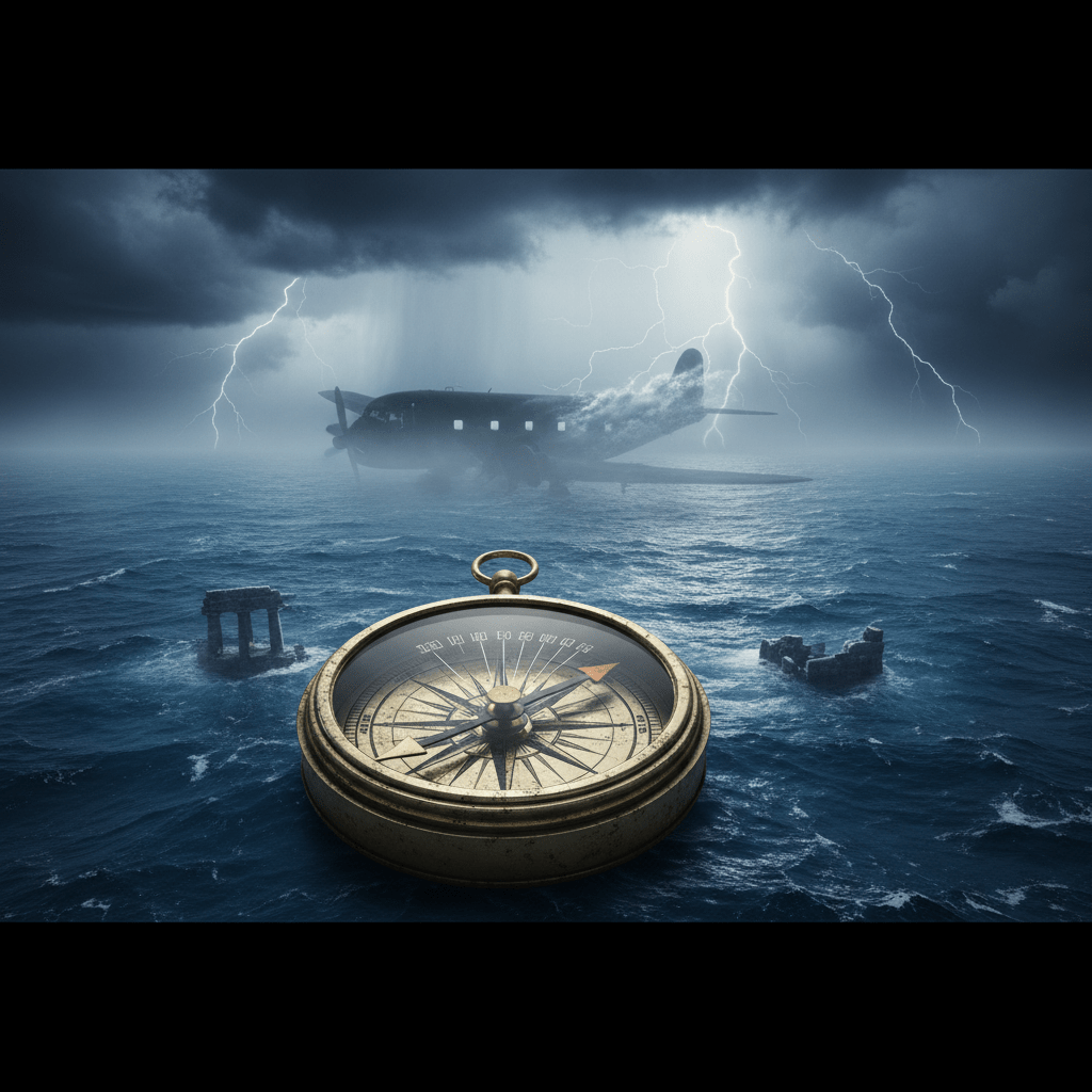 Ilustración artística del Triángulo de las Bermudas con brújula antigua y avión desapareciendo en el océano Atlántico