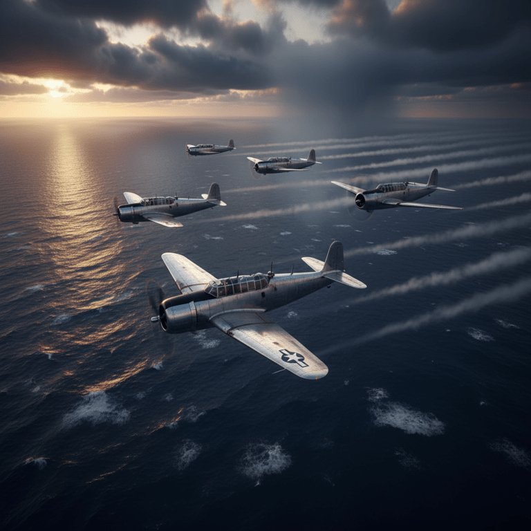 Cinco aviones militares antiguos volando sobre el misterioso océano Atlántico bajo un cielo tormentoso, representando el enigma del Triángulo de las Bermudas.