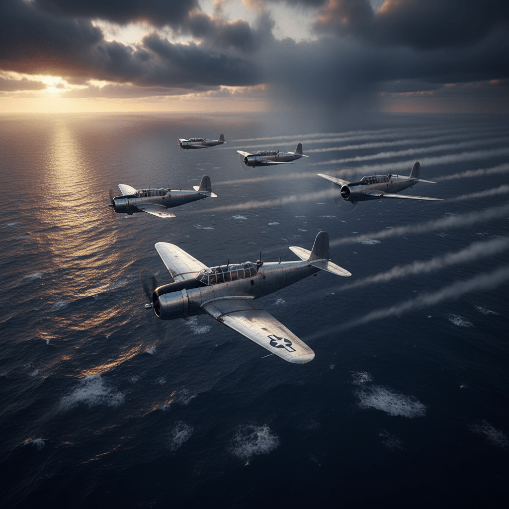 Cinco aviones militares antiguos volando sobre el misterioso océano Atlántico bajo un cielo tormentoso, representando el enigma del Triángulo de las Bermudas.