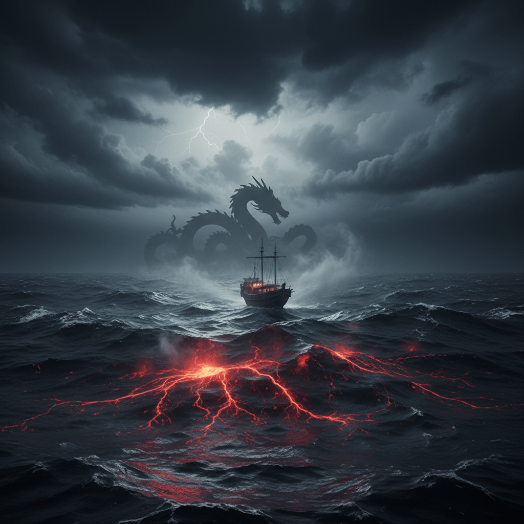 Barco pesquero navegando en el misterioso Triángulo del Dragón o Mar del Diablo con silueta de dragón bajo el agua.