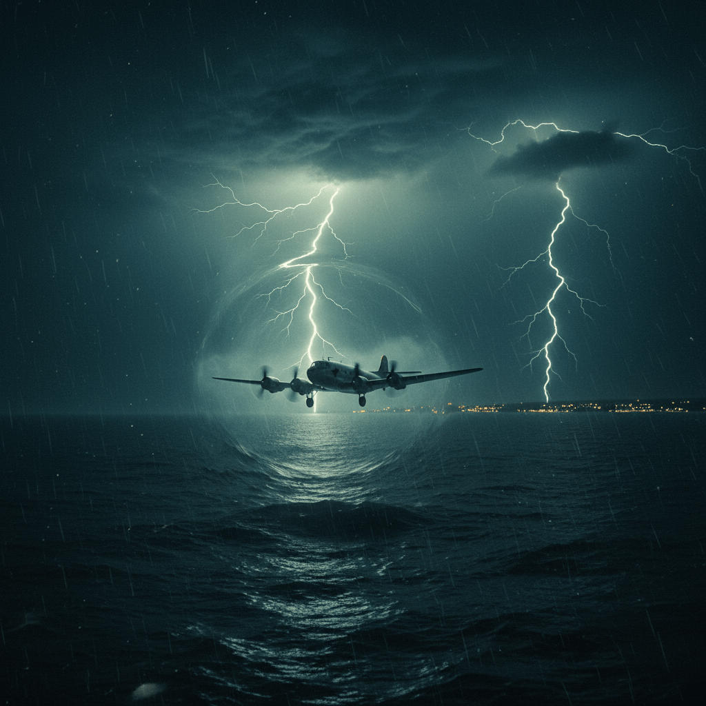 Avión antiguo volando sobre el Lago Michigan en medio de una tormenta y niebla misteriosa, representando el Triángulo del Lago Michigan.