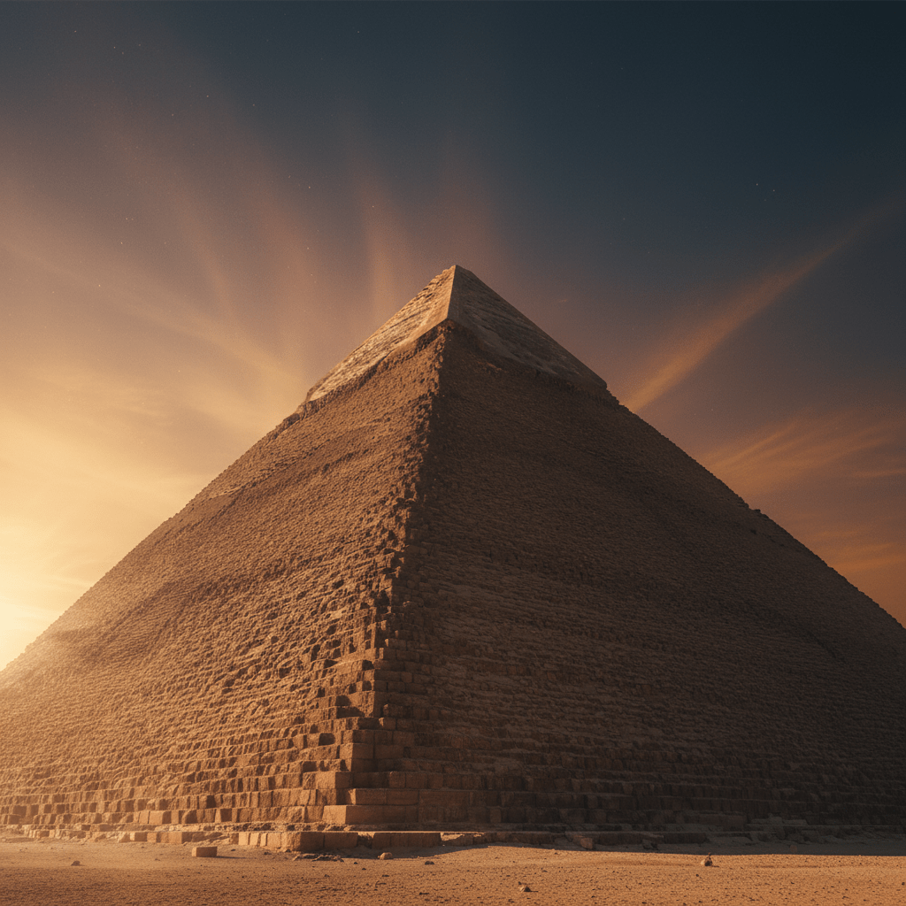 Primer plano detallado de la Gran Pirámide de Giza resaltando la textura de la piedra y su arquitectura monumental bajo una luz cinematográfica de atardecer.