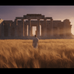 Ruinas del Telesterion en Eleusis rodeadas de campos de cebada al atardecer, símbolo de los Misterios Eleusinos en la antigua Grecia.