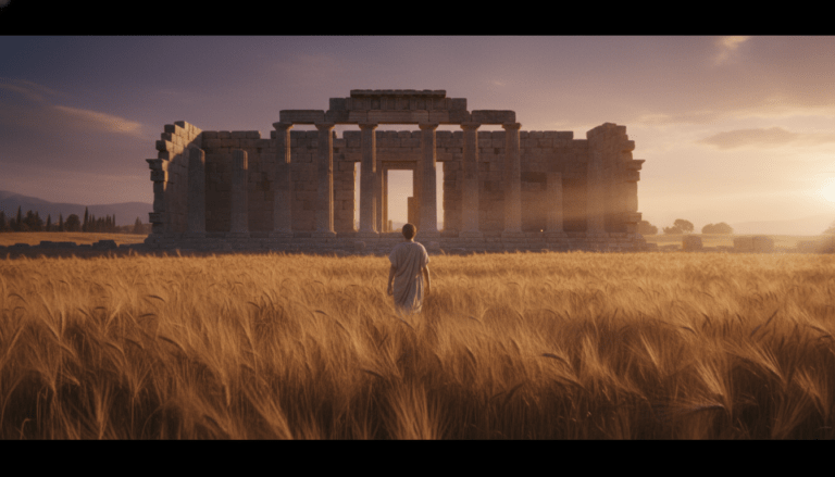 Ruinas del Telesterion en Eleusis rodeadas de campos de cebada al atardecer, símbolo de los Misterios Eleusinos en la antigua Grecia.