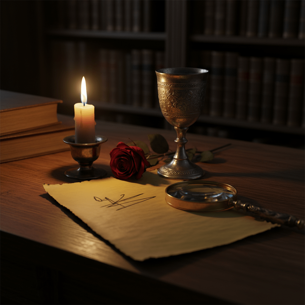 Escritorio antiguo con pergamino, cáliz de plata y rosa roja bajo luz de vela, simbolizando los misterios del Priorato de Sión y el sagrado femenino.