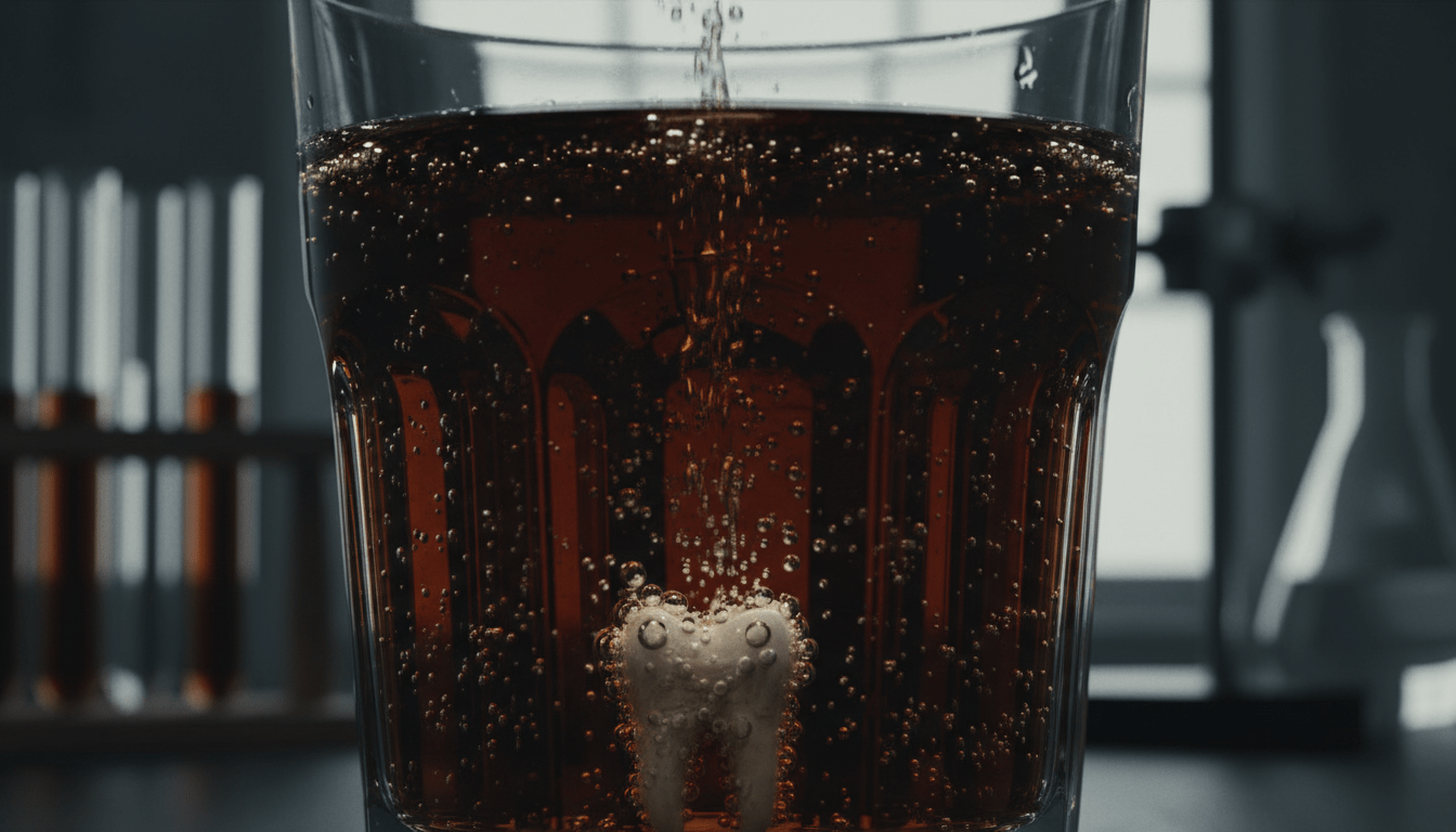 Primer plano de un diente sumergido en refresco de cola con burbujas, representando el mito del ácido fosfórico y la erosión dental.