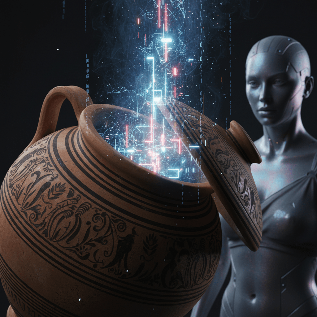 Representación artística del mito de Pandora mostrando una vasija griega pithos con energía tecnológica y una mujer sintética estilo IA