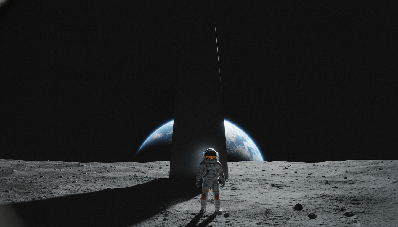 El monolito negro de 2001 Odisea del Espacio en la Luna con un astronauta, simbolizando la evolución humana y la inteligencia artificial.