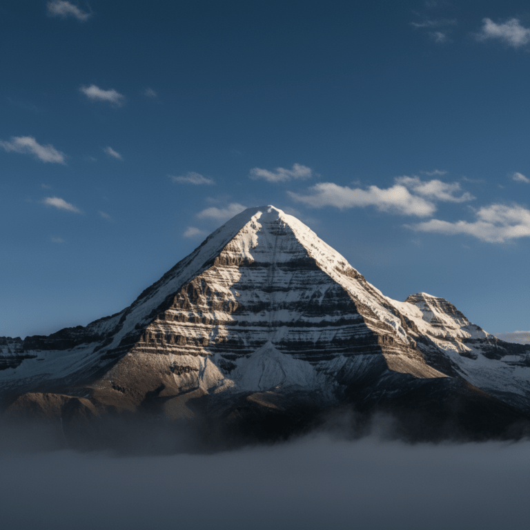 Vista majestuosa del Monte Kailash en el Tíbet, la montaña sagrada con forma de pirámide natural.