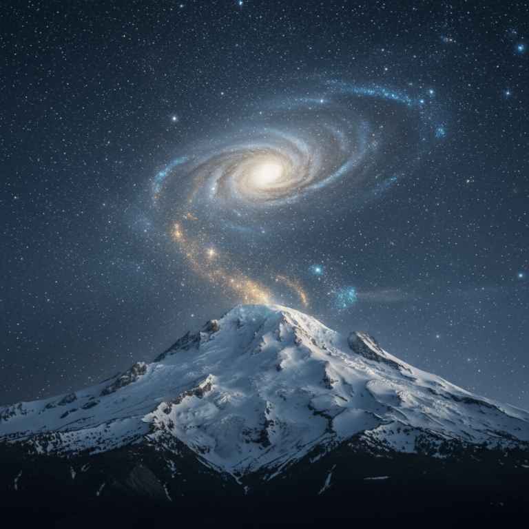 Monte Shasta nevado en California bajo un cielo estrellado místico representando la leyenda de Lemuria y Telos