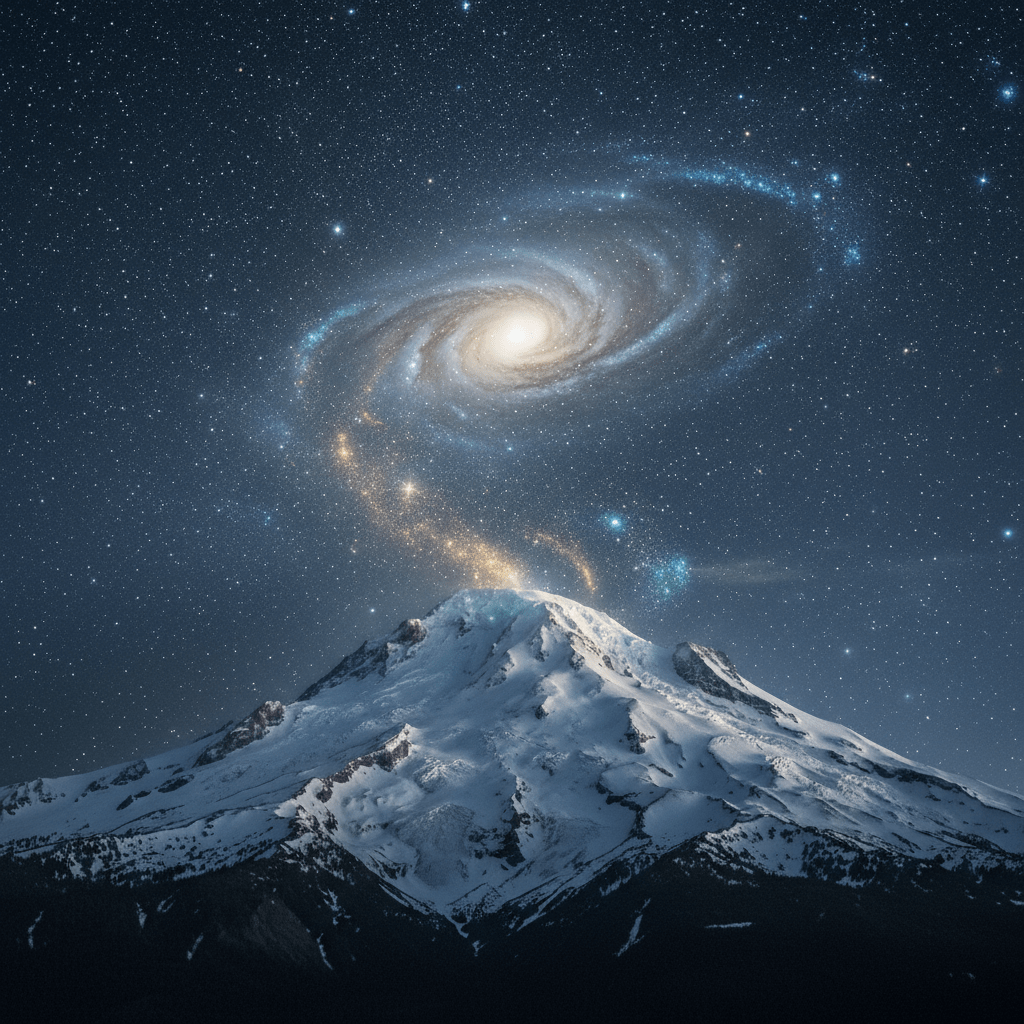 Monte Shasta nevado en California bajo un cielo estrellado místico representando la leyenda de Lemuria y Telos