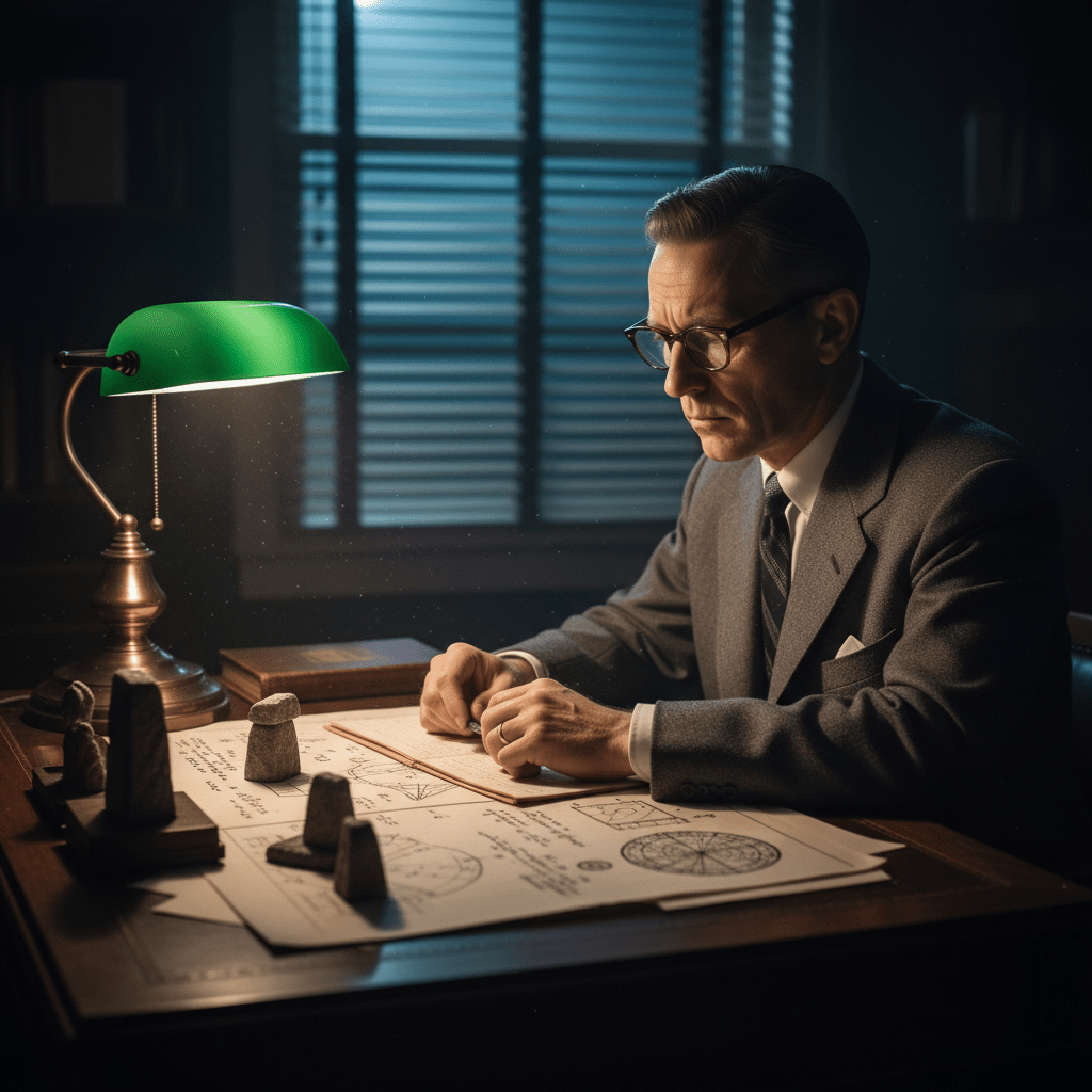 Astrónomo Morris K. Jessup investigando ovnis y la teoría del campo unificado en su estudio de los años 50.