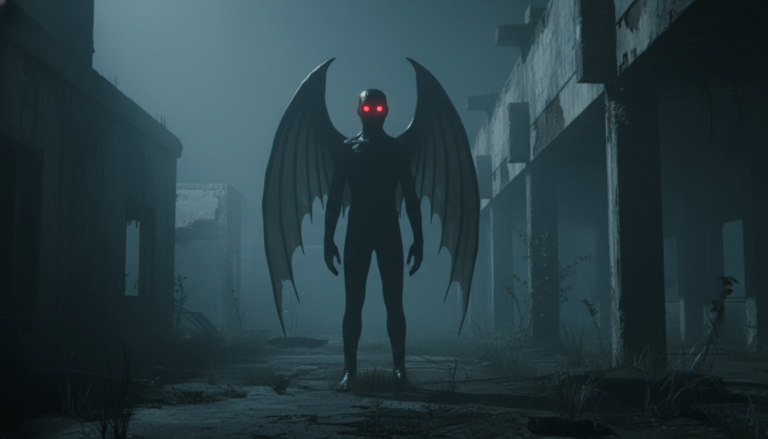 Representación realista del Mothman u hombre polilla con ojos rojos brillantes en el área TNT de Point Pleasant