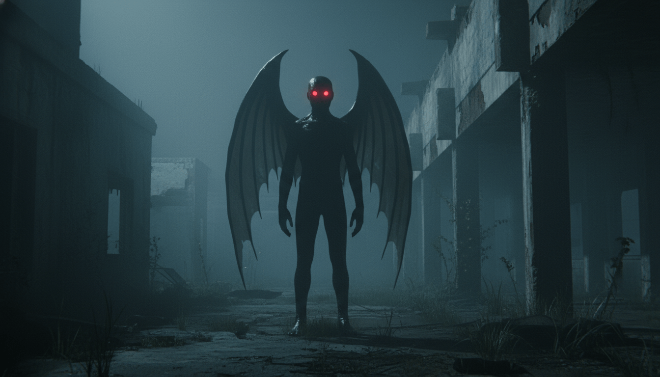 Representación realista del Mothman u hombre polilla con ojos rojos brillantes en el área TNT de Point Pleasant