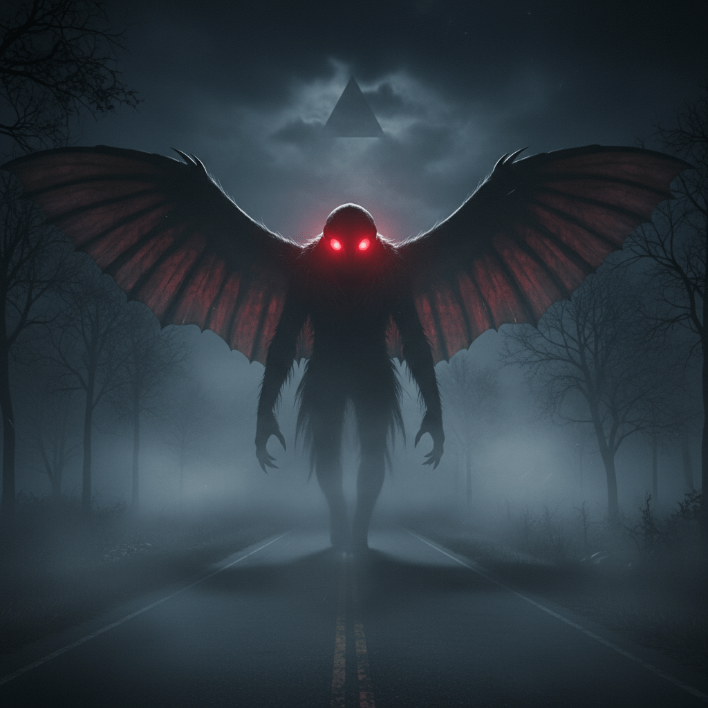 Ilustración fotorrealista del Mothman en Point Pleasant con ojos rojos brillantes y alas extendidas en una noche neblinosa.