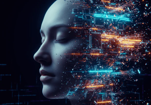 Representación conceptual de la muerte del ego tecnológica con un rostro humano fusionándose con circuitos digitales y redes de datos.