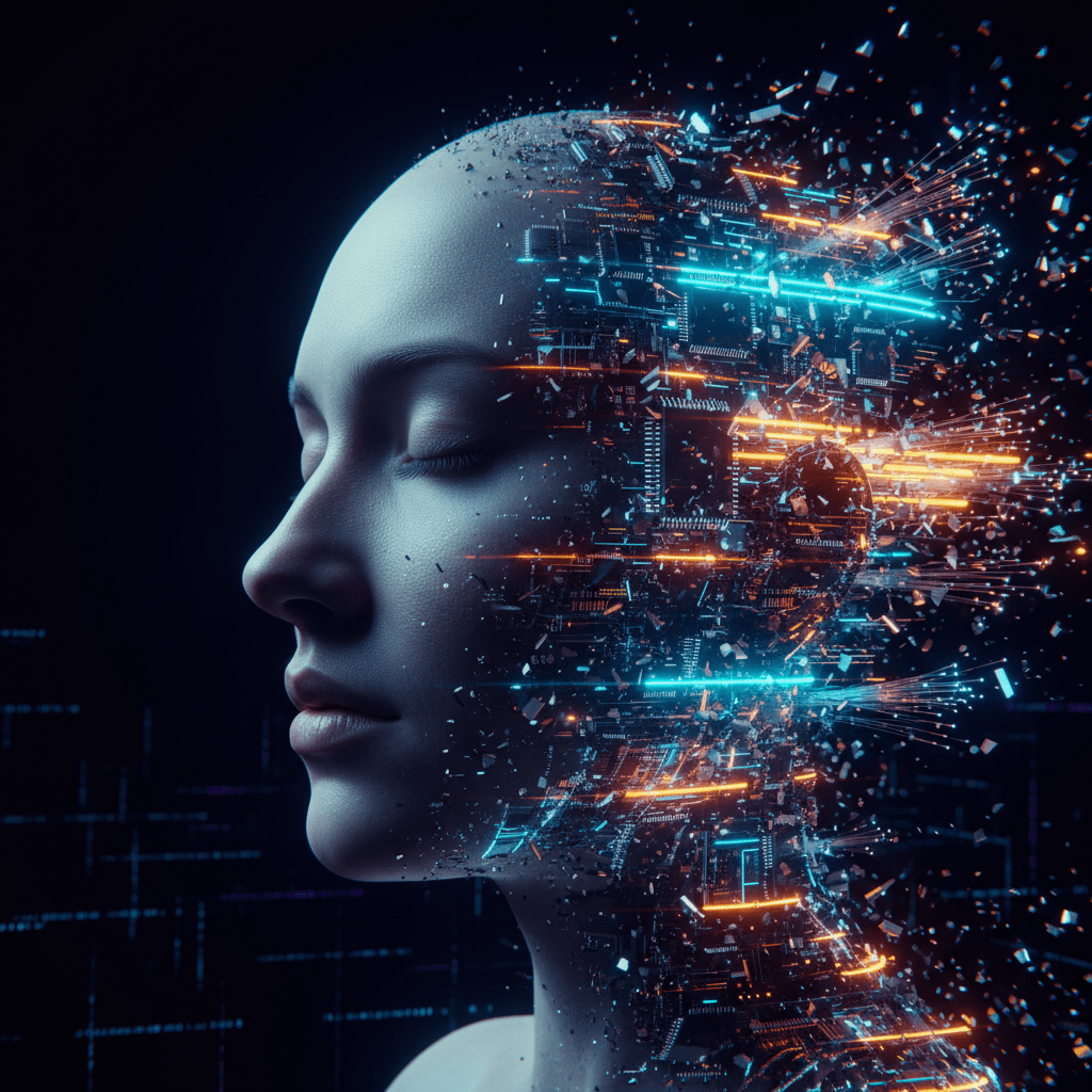 Representación conceptual de la muerte del ego tecnológica con un rostro humano fusionándose con circuitos digitales y redes de datos.