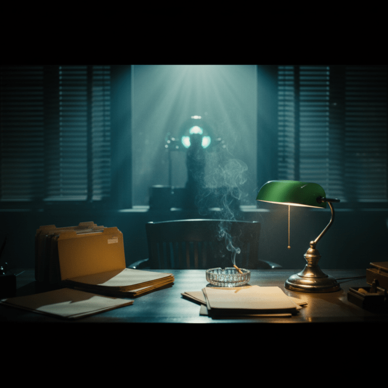 Documentos secretos en una oficina de la década de 1940 representando el origen del Estado de Seguridad Nacional y el fenómeno OVNI.