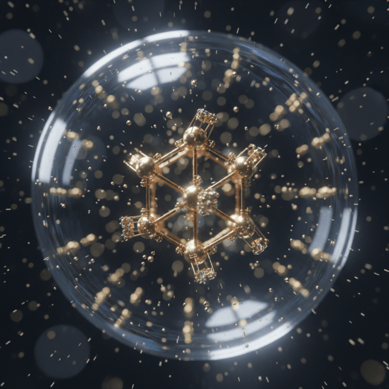 Representación visual de nanotecnología molecular y motores cuánticos ensamblando estructuras a escala atómica.