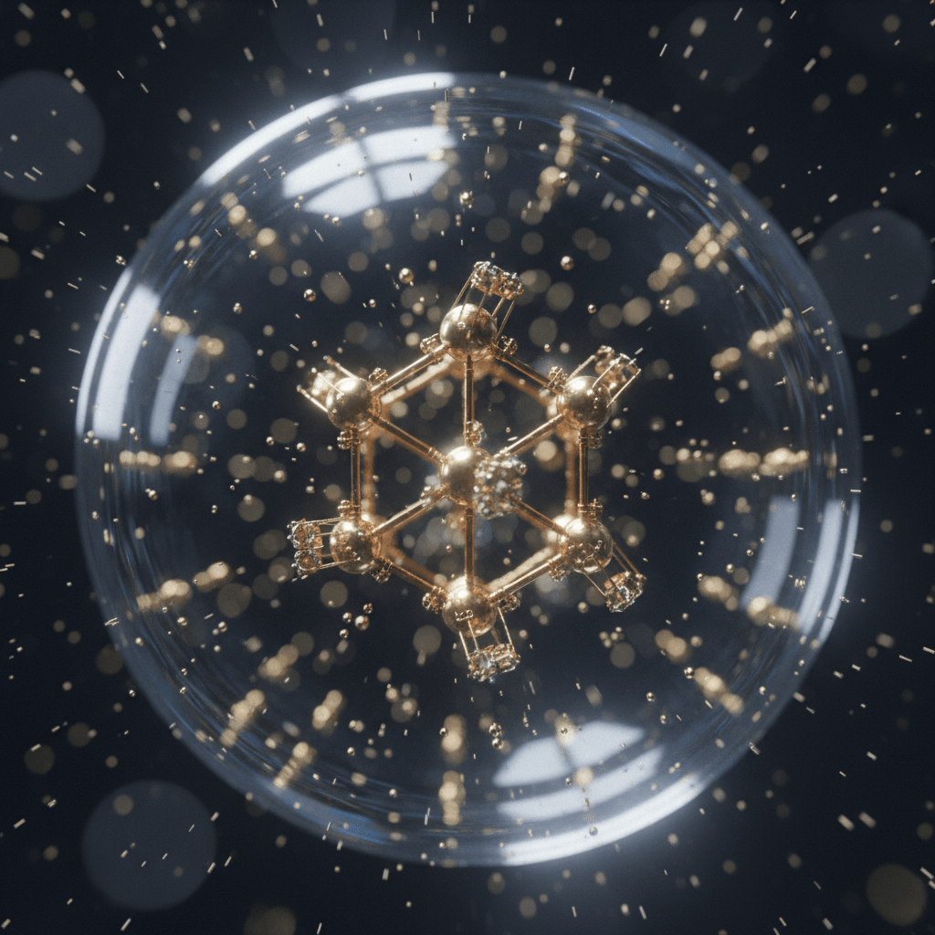 Representación visual de nanotecnología molecular y motores cuánticos ensamblando estructuras a escala atómica.