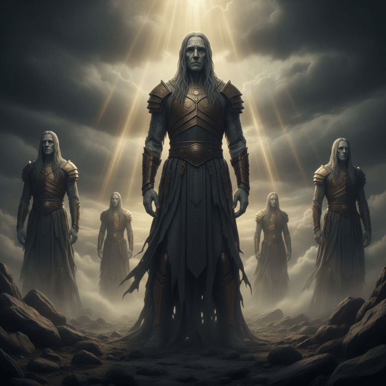 Representación cinematográfica de los Nephilim, los ángeles caídos del Génesis en un paisaje antiguo y místico.