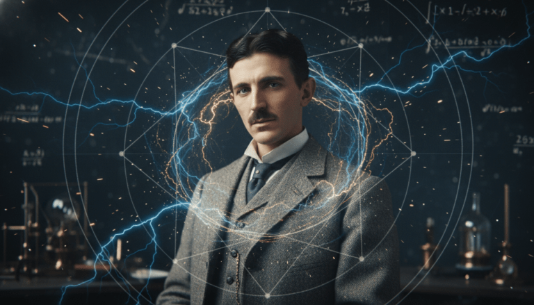 Ilustración artística de Nikola Tesla visualizando los patrones energéticos de la geometría sagrada y los números 3, 6 y 9.