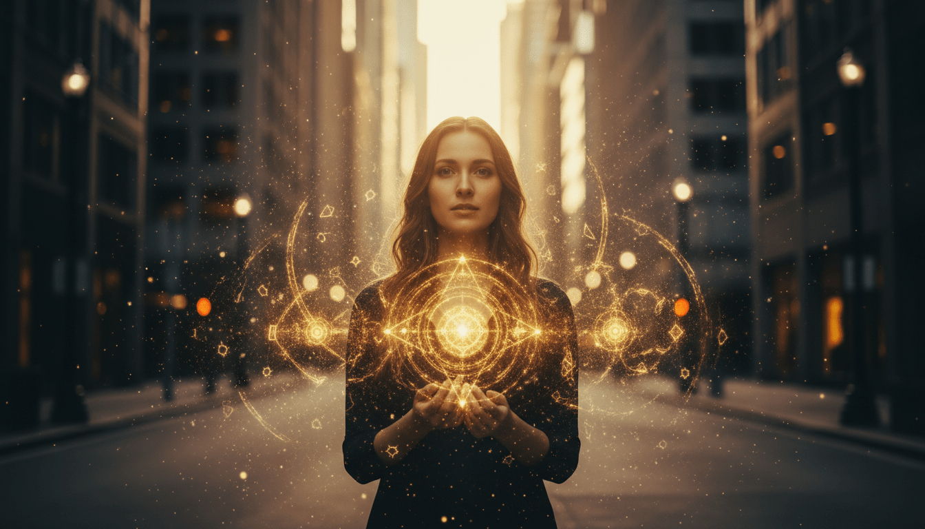 Representación visual de la numerología angelical y sincronía espiritual con geometría sagrada de luz en un entorno urbano