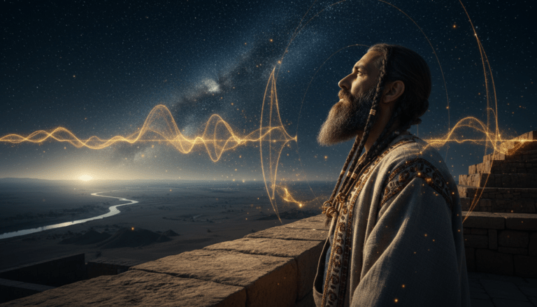 Ilustración mística de la numerología caldea en la antigua Mesopotamia mostrando vibraciones cósmicas y astronomía babilónica.