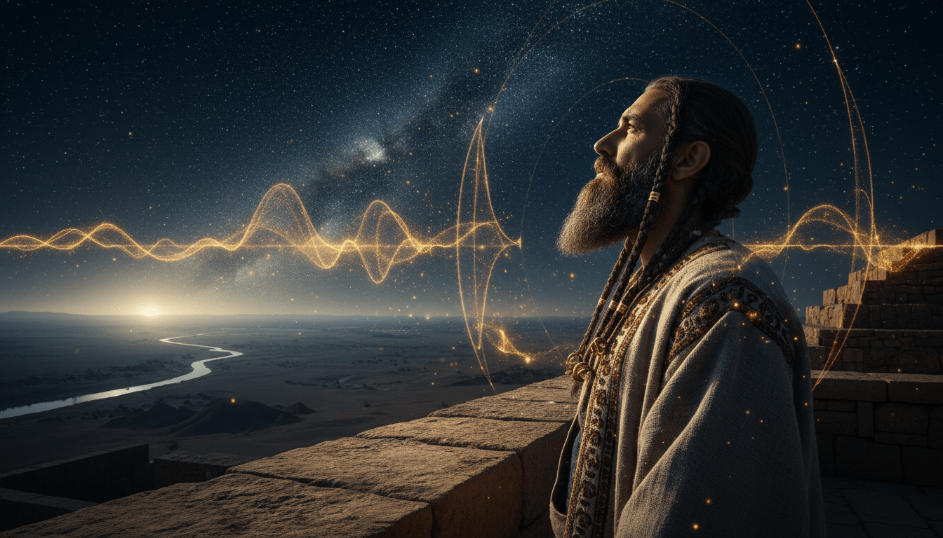 Ilustración mística de la numerología caldea en la antigua Mesopotamia mostrando vibraciones cósmicas y astronomía babilónica.