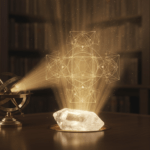 Composición de geometría sagrada con astrolabio antiguo y luz etérea que simboliza la numerología y el orden del universo.