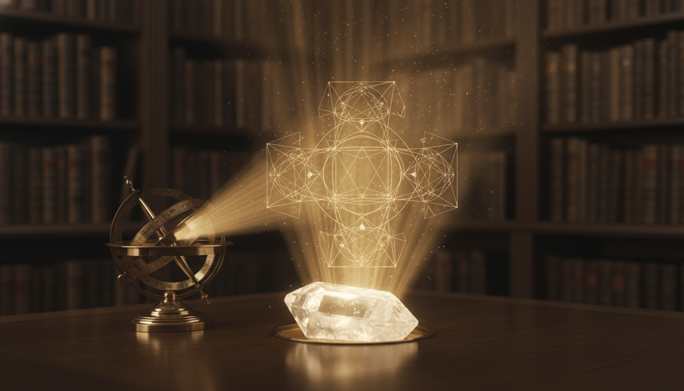 Composición de geometría sagrada con astrolabio antiguo y luz etérea que simboliza la numerología y el orden del universo.