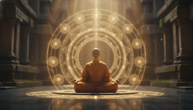 Representación artística de la numerología tántrica y los once cuerpos espirituales mediante luz y geometría sagrada en meditación.