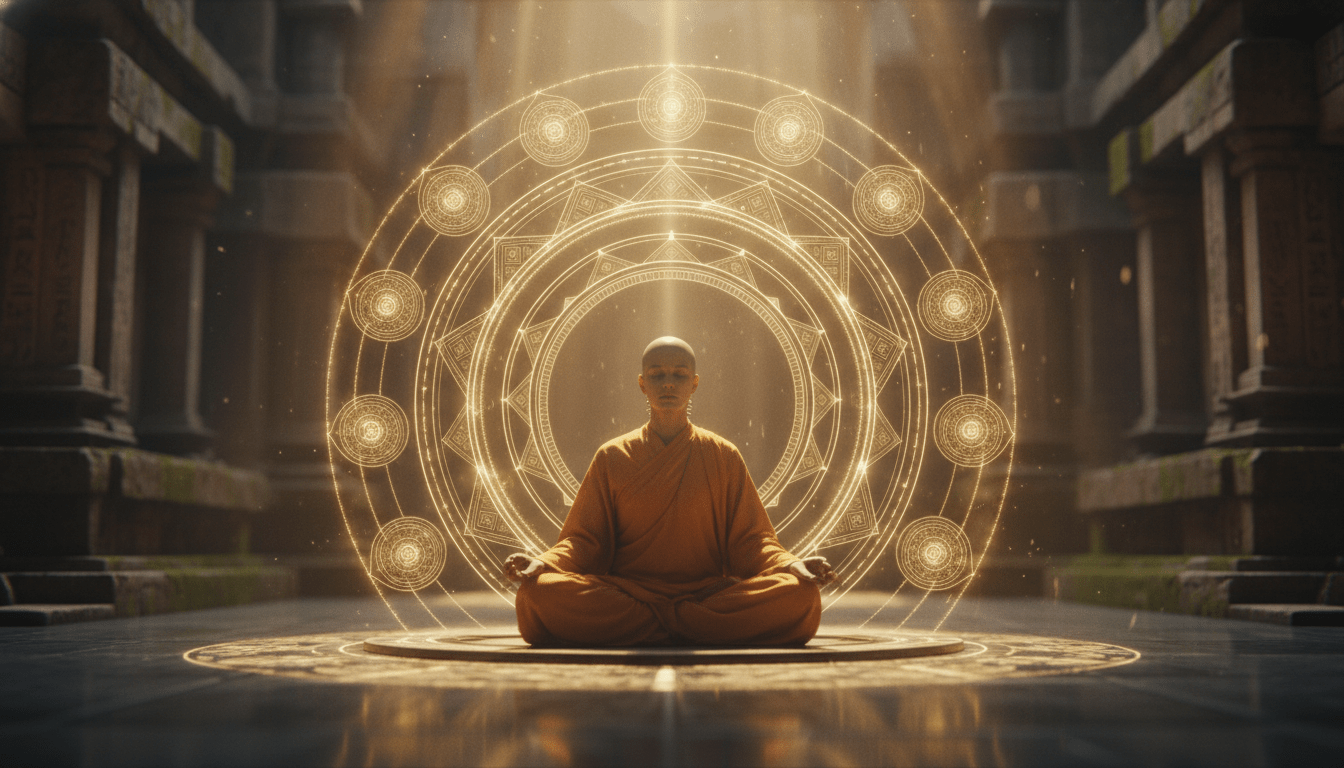 Representación artística de la numerología tántrica y los once cuerpos espirituales mediante luz y geometría sagrada en meditación.