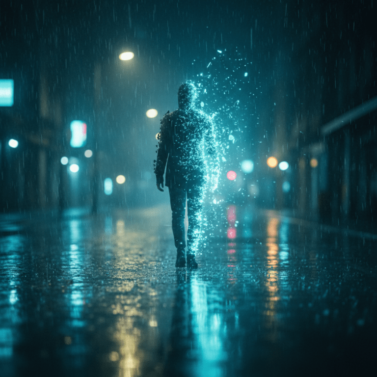 Concepto de pérdida de privacidad digital con persona desvaneciéndose en datos en una ciudad futurista.