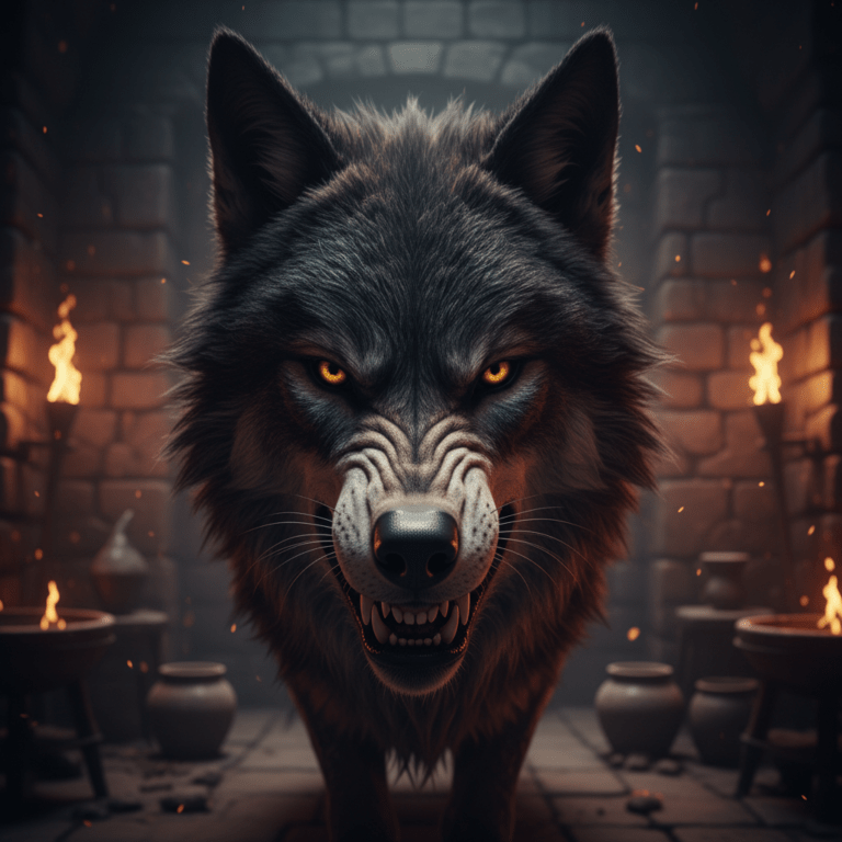 Primer plano de un híbrido humano-lobo en un entorno de piedra antiguo, sugiriendo manipulación genética ancestral.