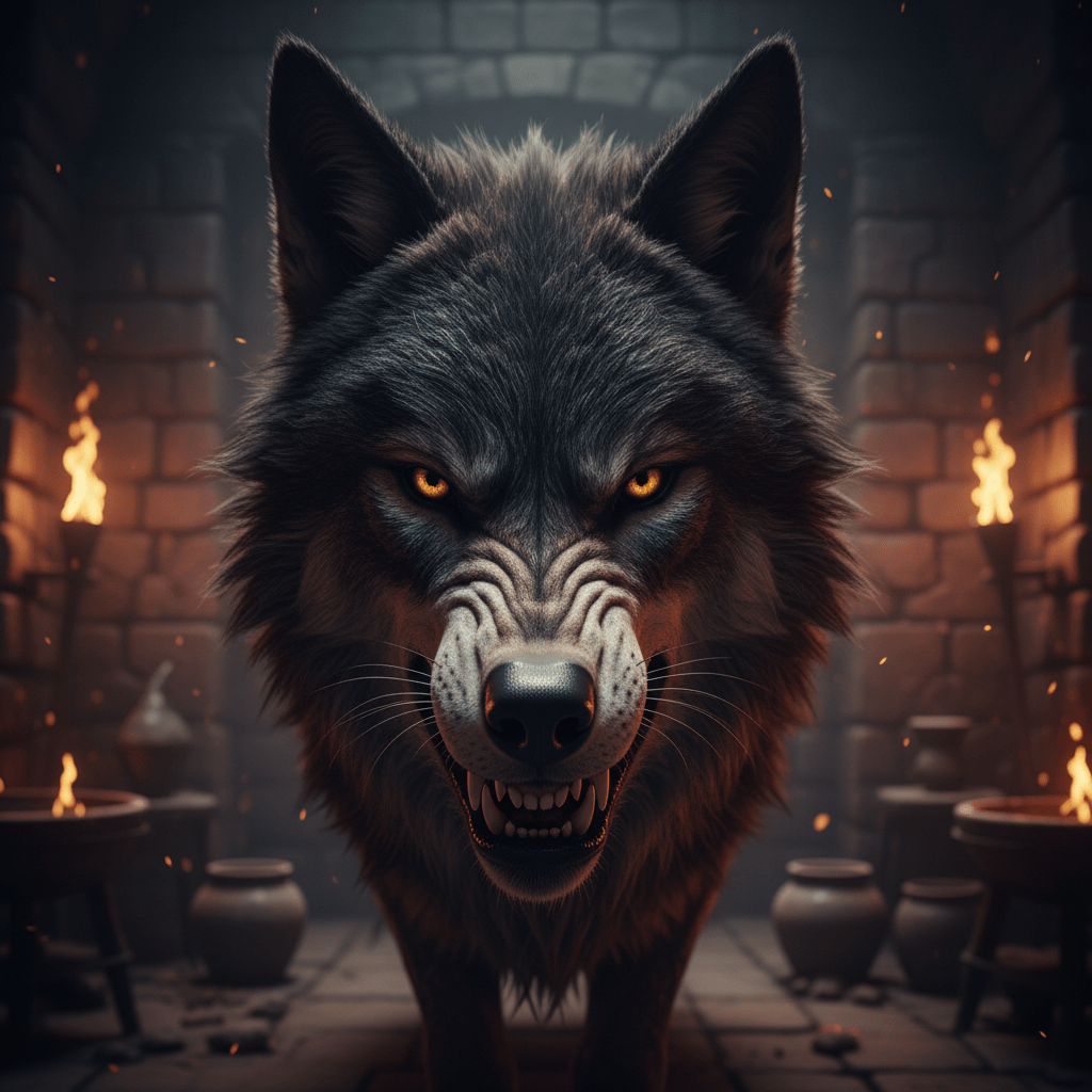 Primer plano de un híbrido humano-lobo en un entorno de piedra antiguo, sugiriendo manipulación genética ancestral.