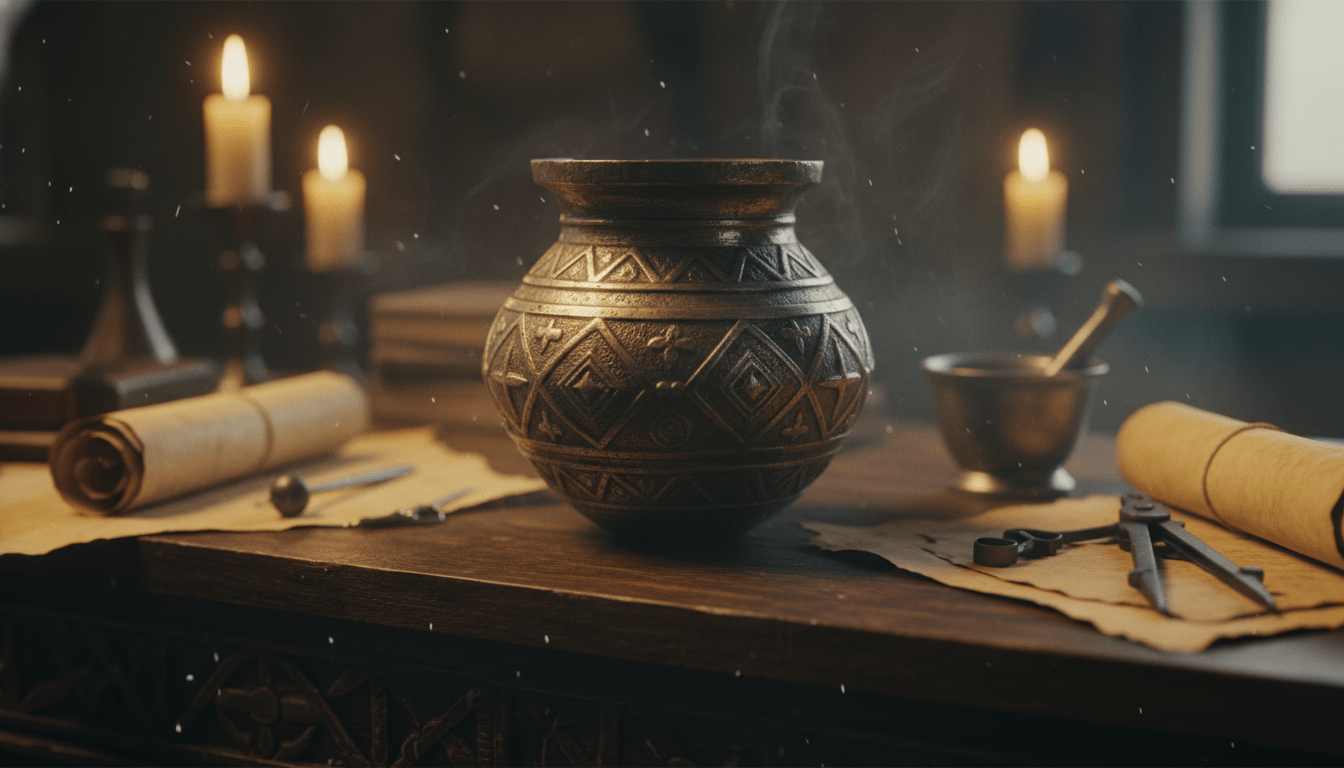 Representación artística de la vasija de bronce del Rey Salomón y manuscritos antiguos de la Goetia en un estudio místico.