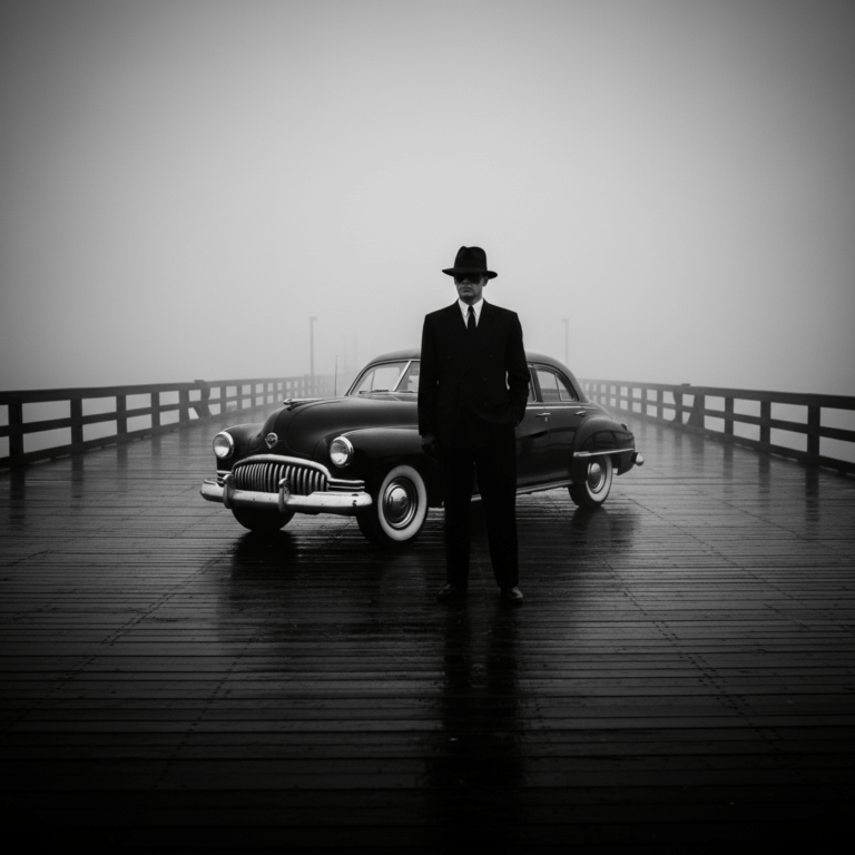 Representación del primer Hombre de Negro junto a un Buick clásico tras el incidente de Maury Island en 1947.