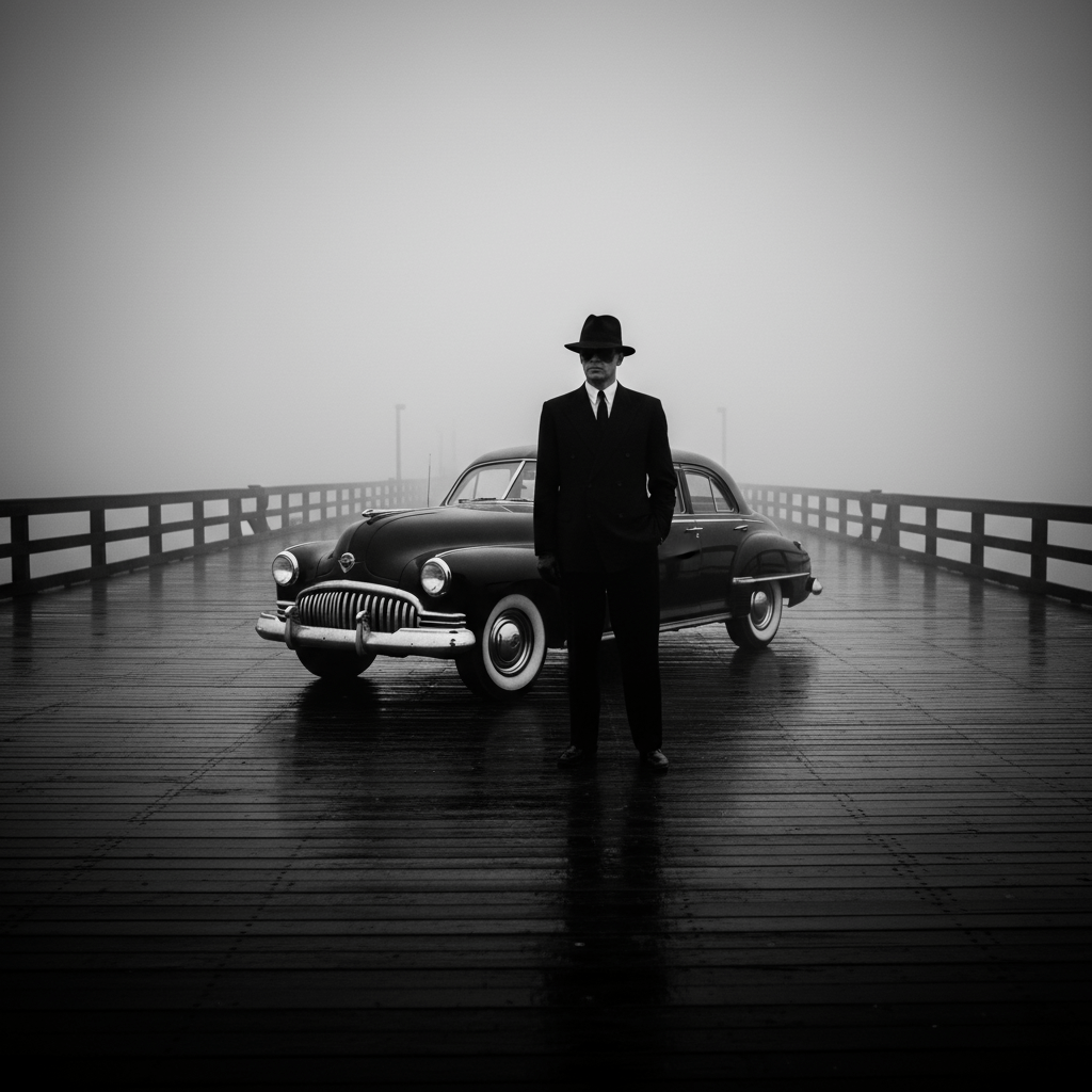 Representación del primer Hombre de Negro junto a un Buick clásico tras el incidente de Maury Island en 1947.