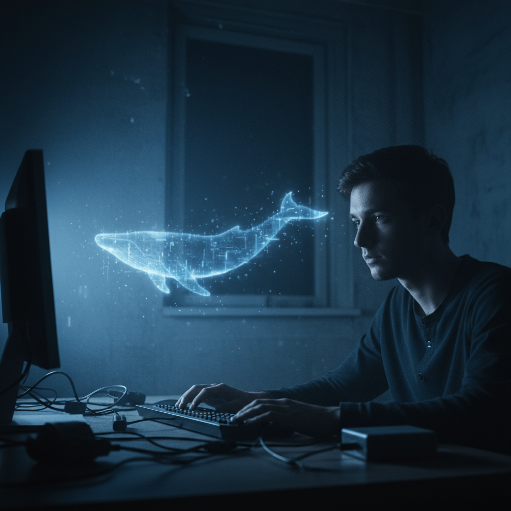 Imagen conceptual de un joven frente a una pantalla reflejando la silueta de una ballena azul en un entorno digital oscuro.