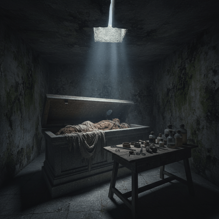 Cripta antigua con herramientas médicas y ataúd de piedra que representa el origen biológico del mito del vampiro.