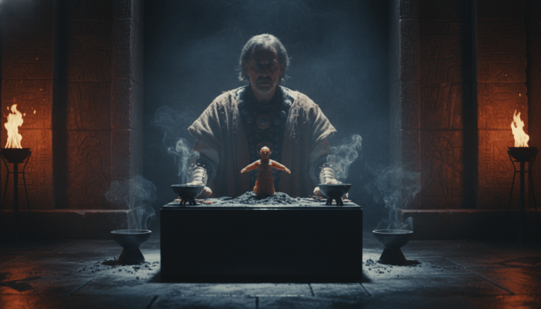 Hechicero antiguo realizando un ritual de magia negra con una figura de cera en un templo de piedra oscuro, concepto de esoterismo y poder oculto.